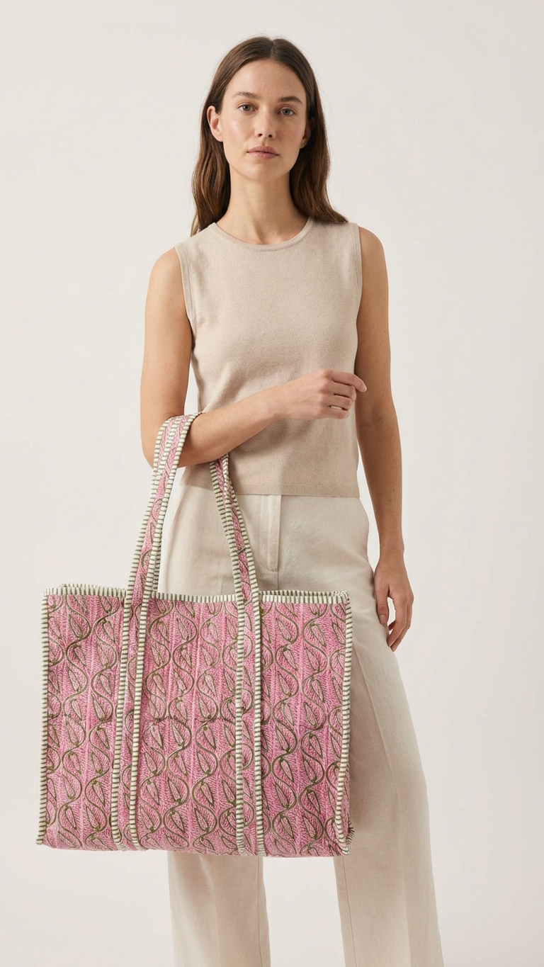 Printed Quilted Cotton Tote Bag – Pastel Pink & Green leaf pattern