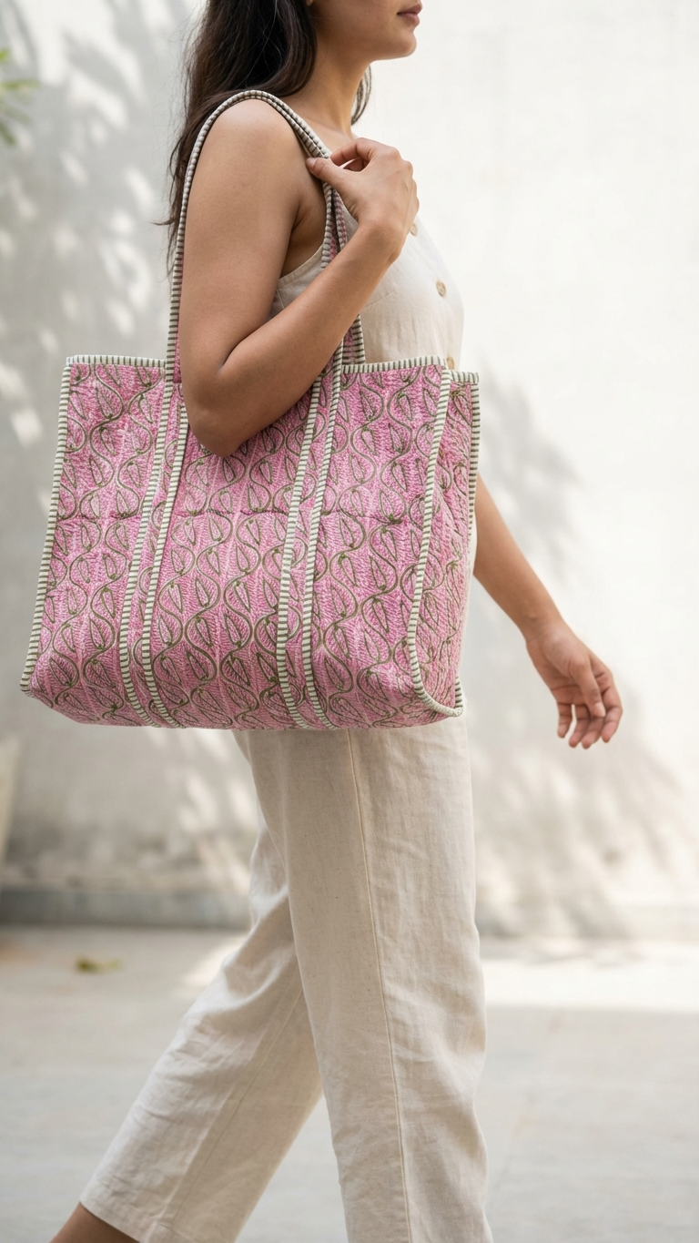 Printed Quilted Cotton Tote Bag – Pastel Pink & Green leaf pattern