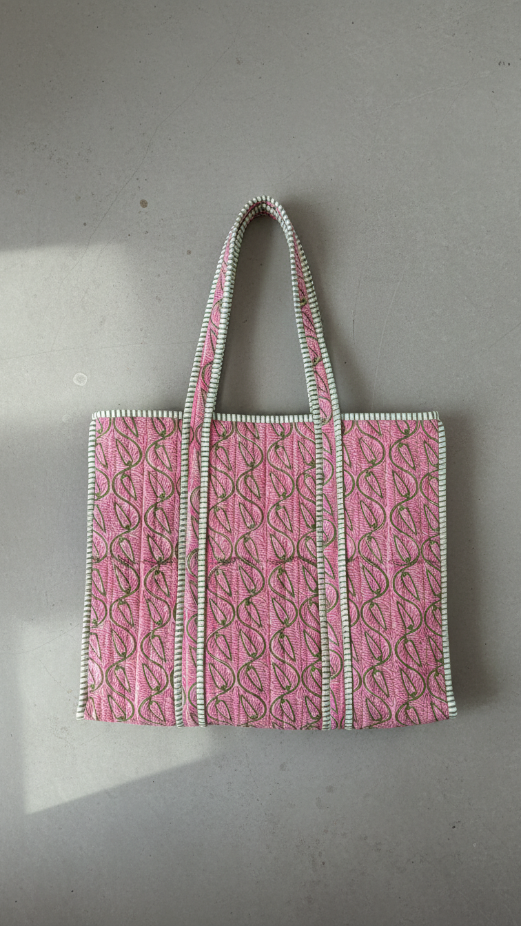 Printed Quilted Cotton Tote Bag – Pastel Pink & Green leaf pattern