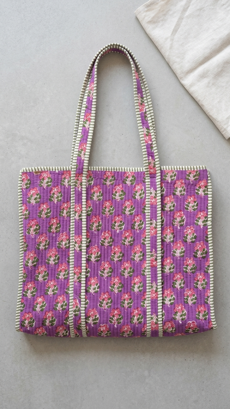 Printed Quilted Cotton Tote Bag - Purple and magrenta base color