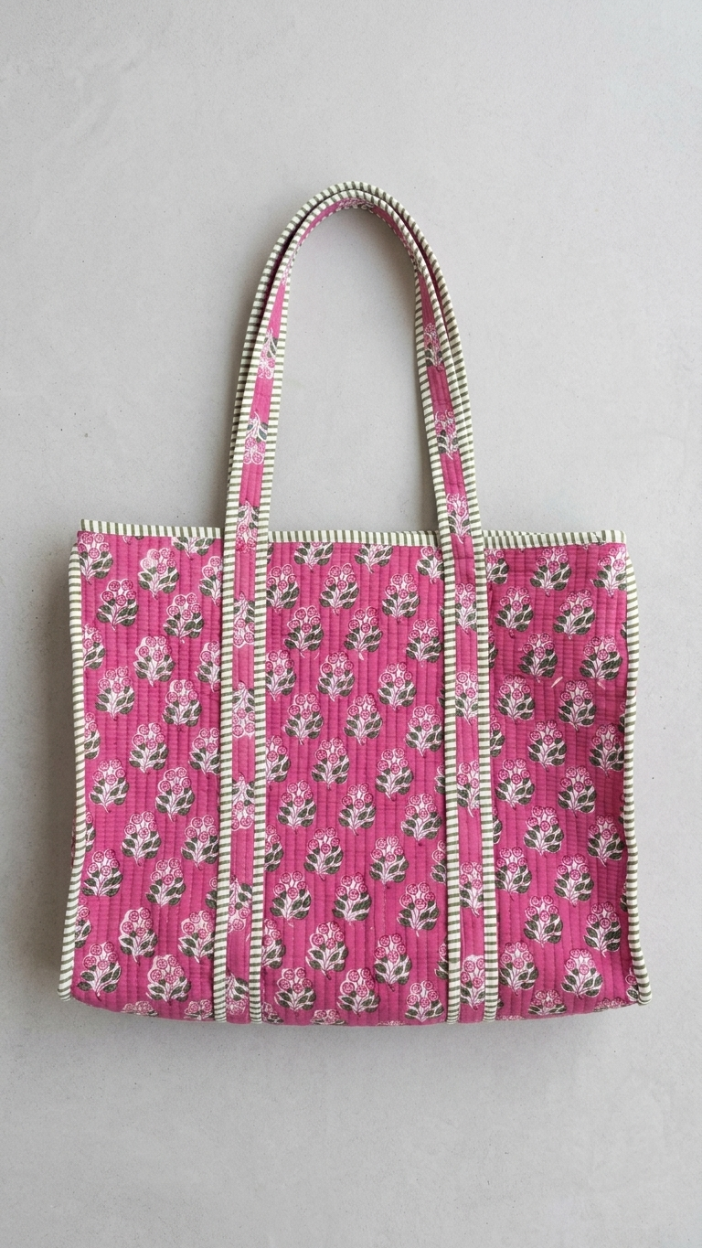 Printed Quilted Cotton Tote Bag – Pink & Blue