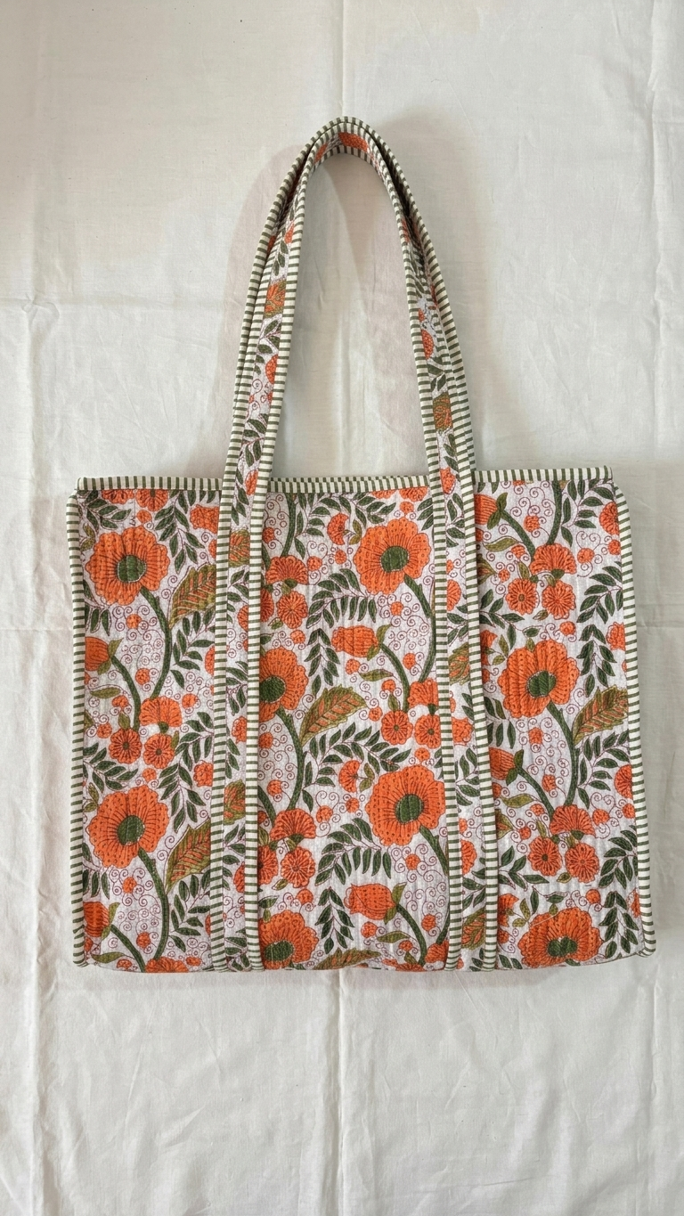 Printed Quilted Cotton Tote Bag – Orange & Green
