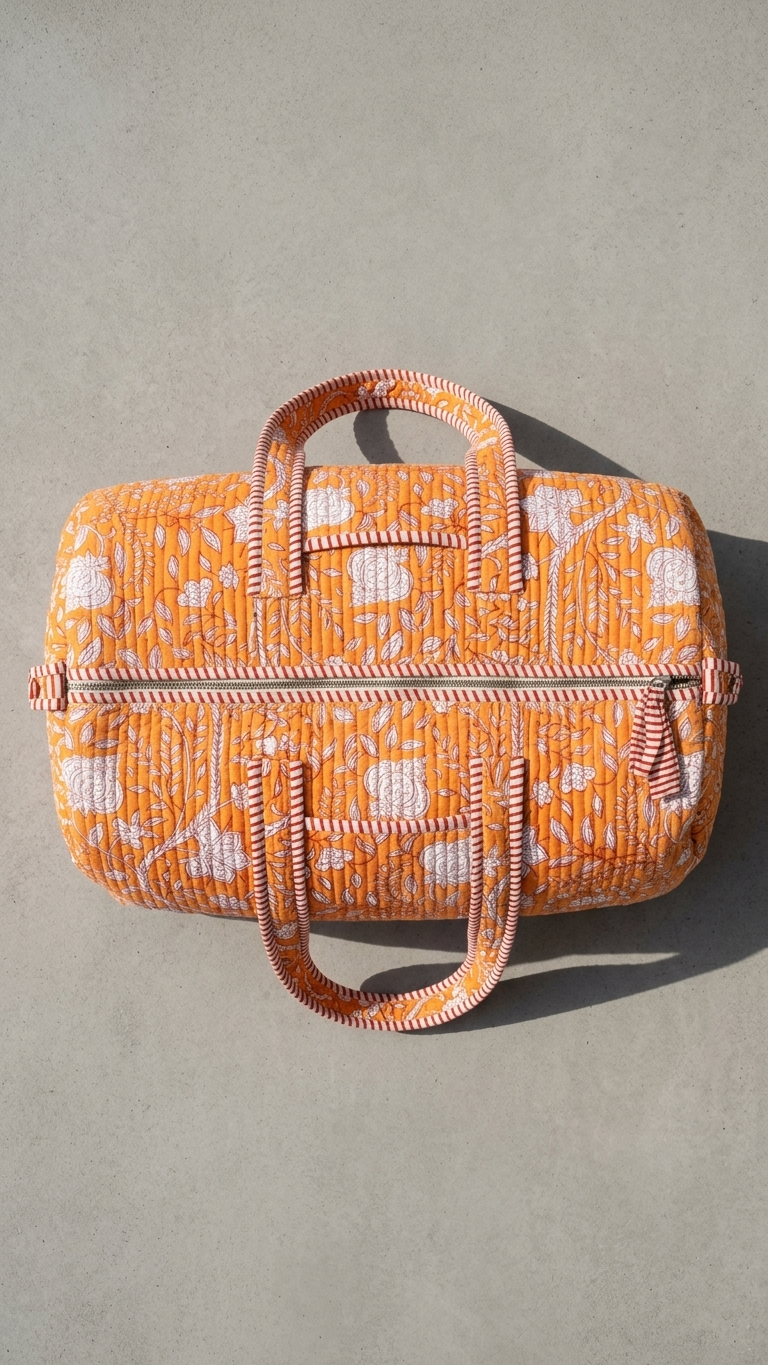 DUFFLE BAG - Quilted cotton - orange, floral-patterned