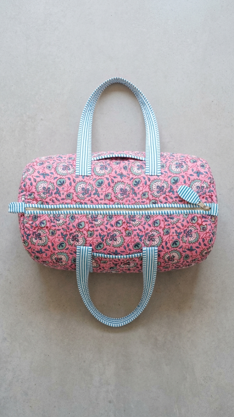 DUFFLE BAG - quilted hand-block print -Rose Pink or Bubblegum Pink