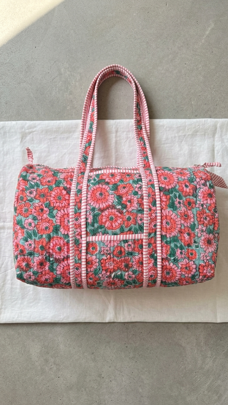 DUFFLE BAG - quilted hand-block print - Pink Floral