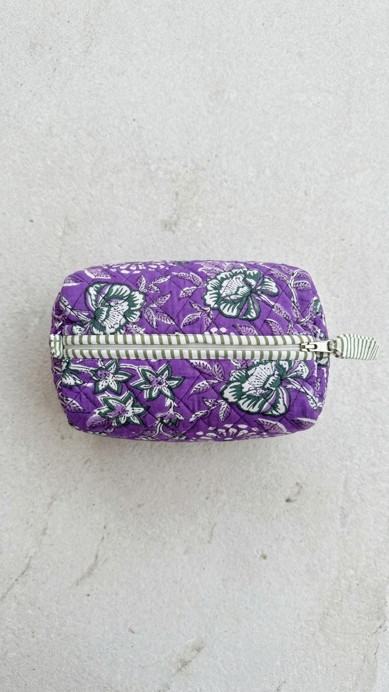 Pouch Set - Violet Floral Block Printed Quilted