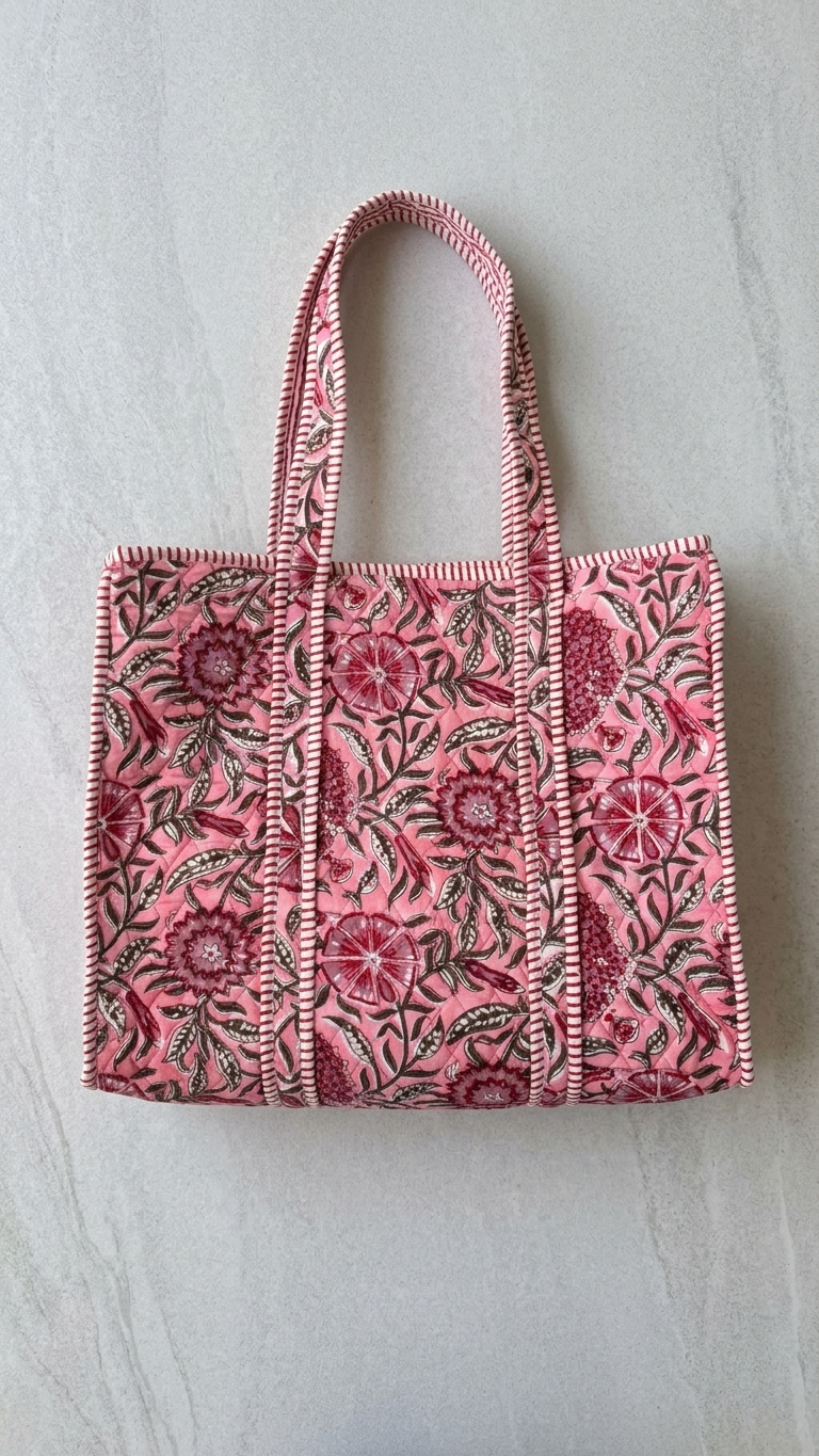 Printed Quilted Cotton Tote Bag – Pink & Red