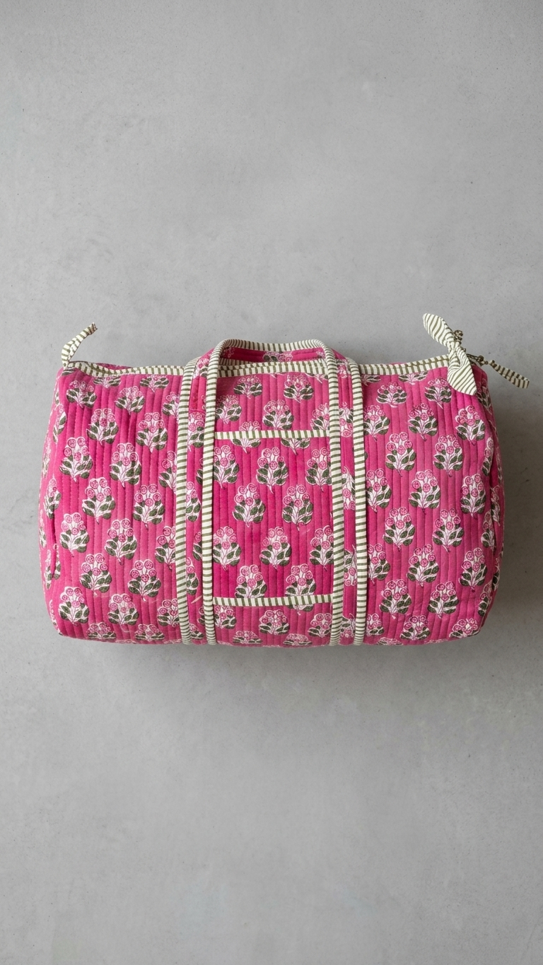 DUFFLE BAG - quilted hand-block print - Pink & White.