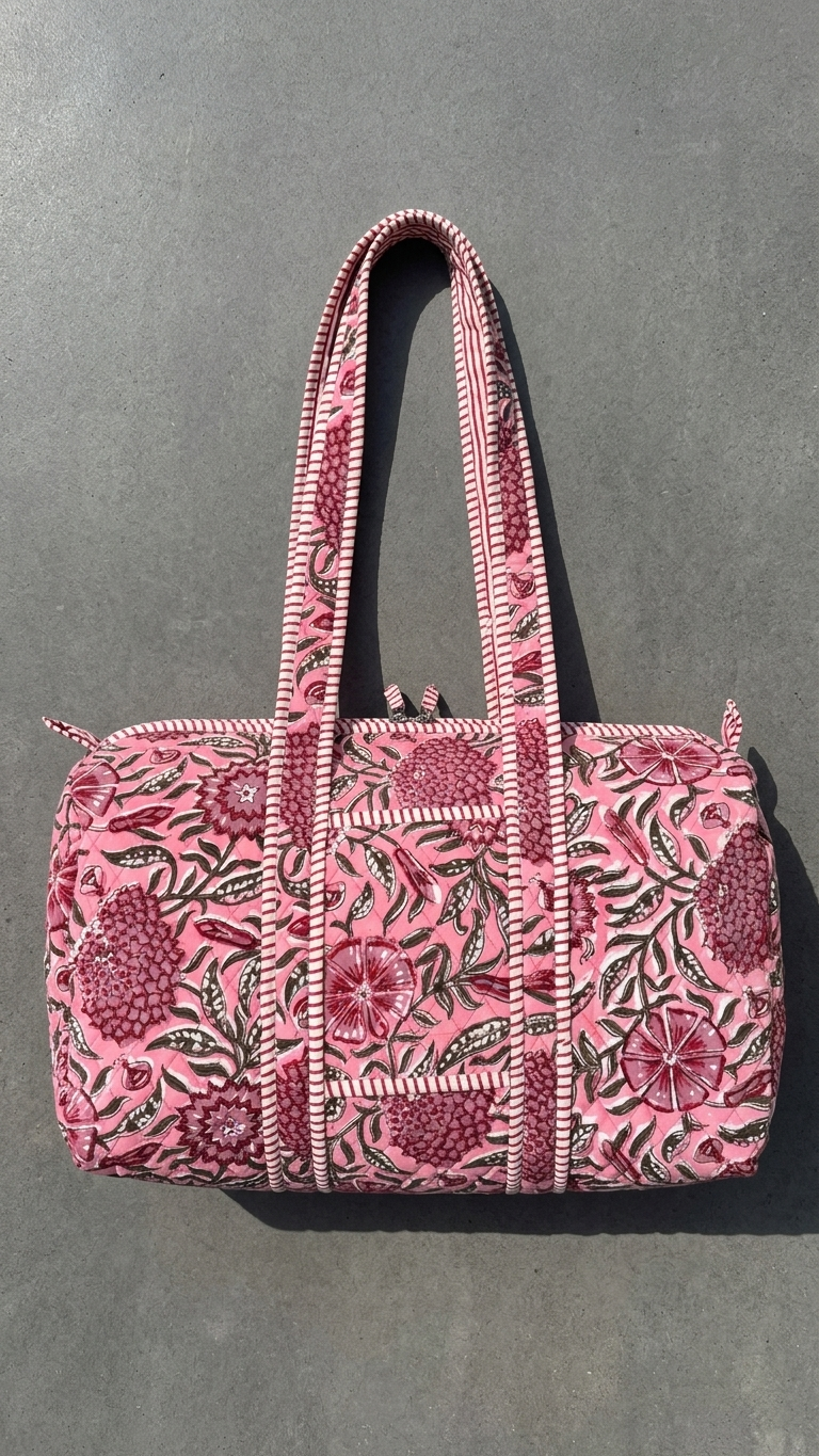 DUFFLE BAG  - Pink floral pattern with red and green accents.