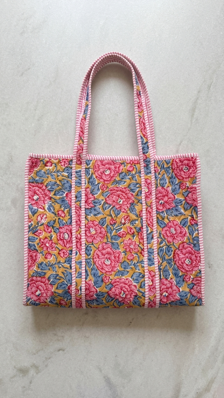 Printed Quilted Cotton Tote Bag – Pink & Blue