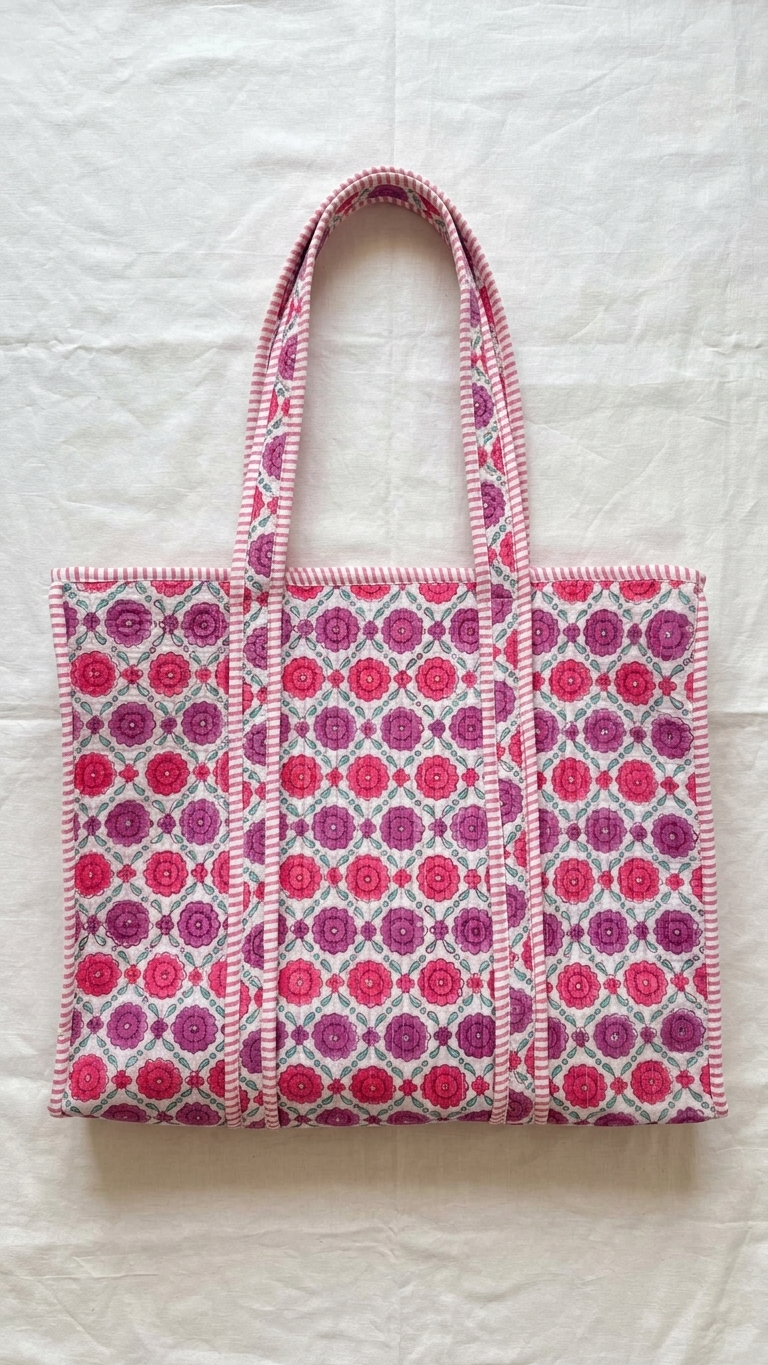 Printed Quilted Cotton Tote Bag – Pink & White