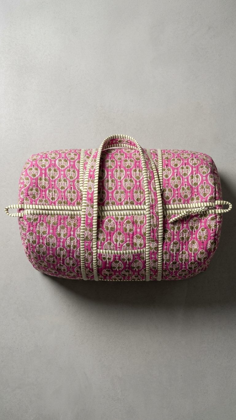 DUFFLE BAG - quilted hand-block print - pink and olive green