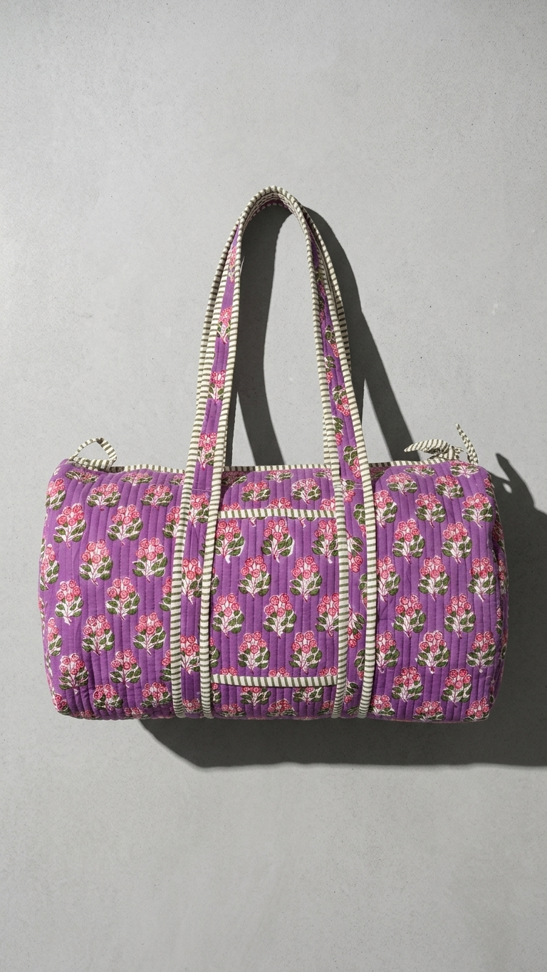 DUFFLE BAG - quilted hand-block print - Purple & Violet Blossom