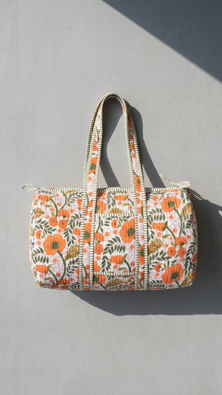 DUFFLE BAG - quilted hand-block print - Vibrant Orange & Olive Green