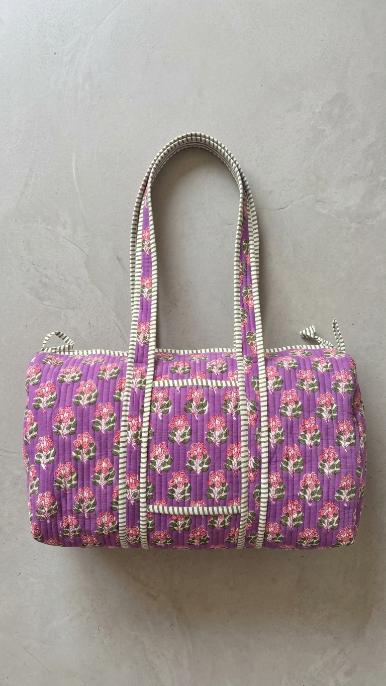 DUFFLE BAG - quilted hand-block print - Purple Floral Hand-Block Printed
