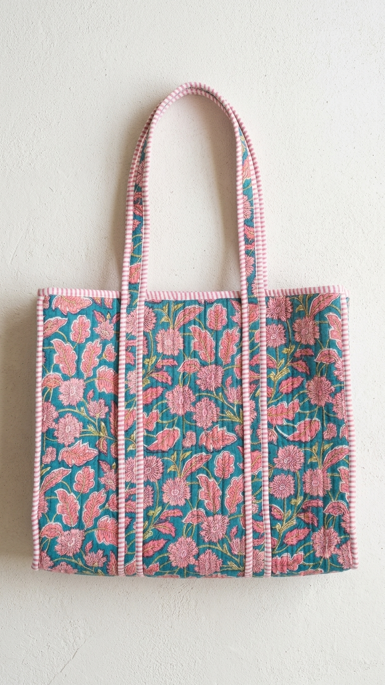 Printed Quilted Cotton Tote Bag - Pink floral pattern, middle blue-green background