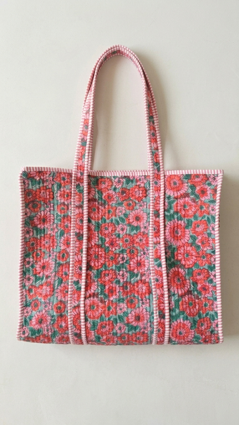 Printed Quilted Cotton Tote Bag – Red & Green