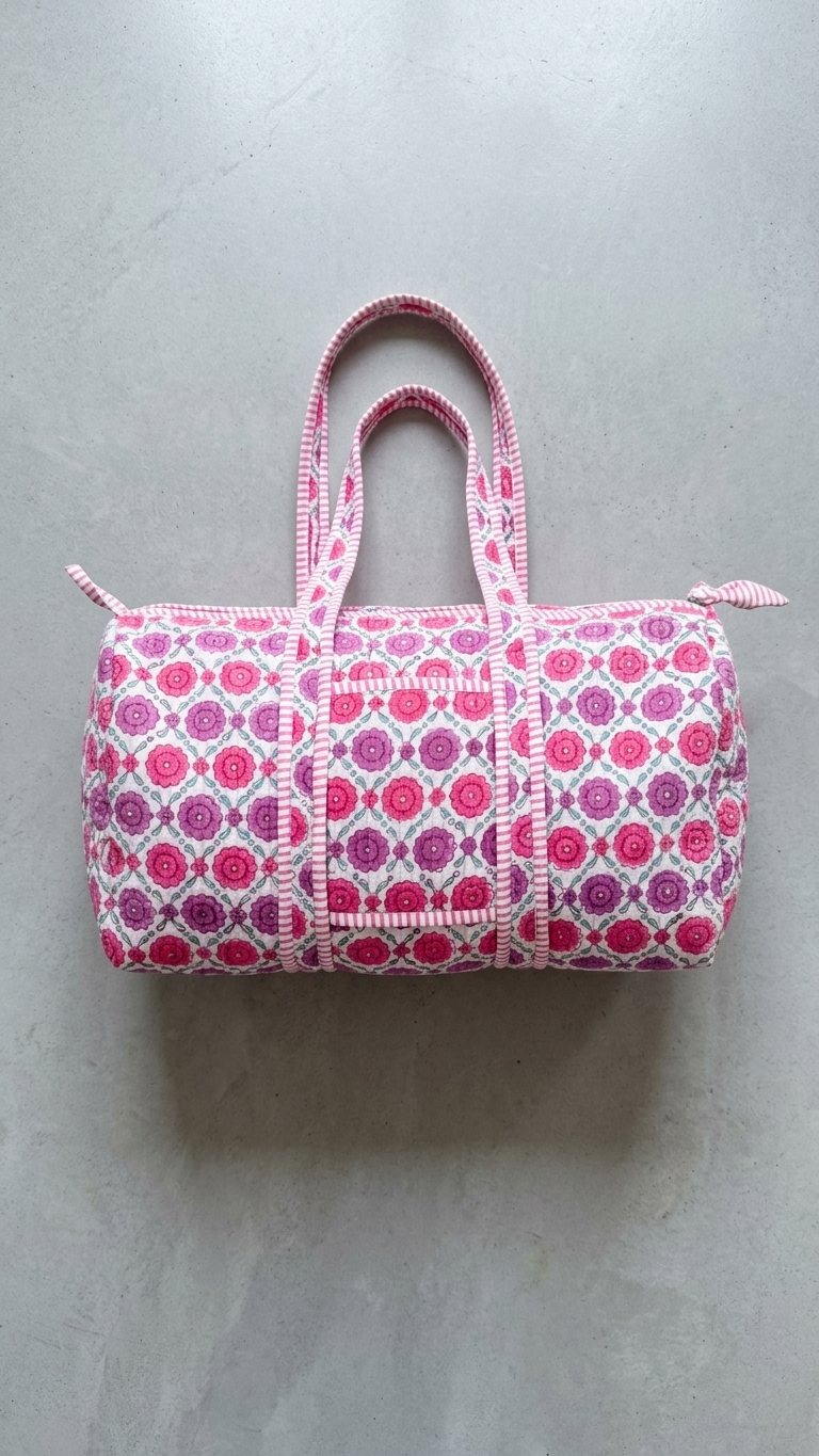 DUFFLE BAG - quilted hand-block print - Purple Floral Hand-Block Printed