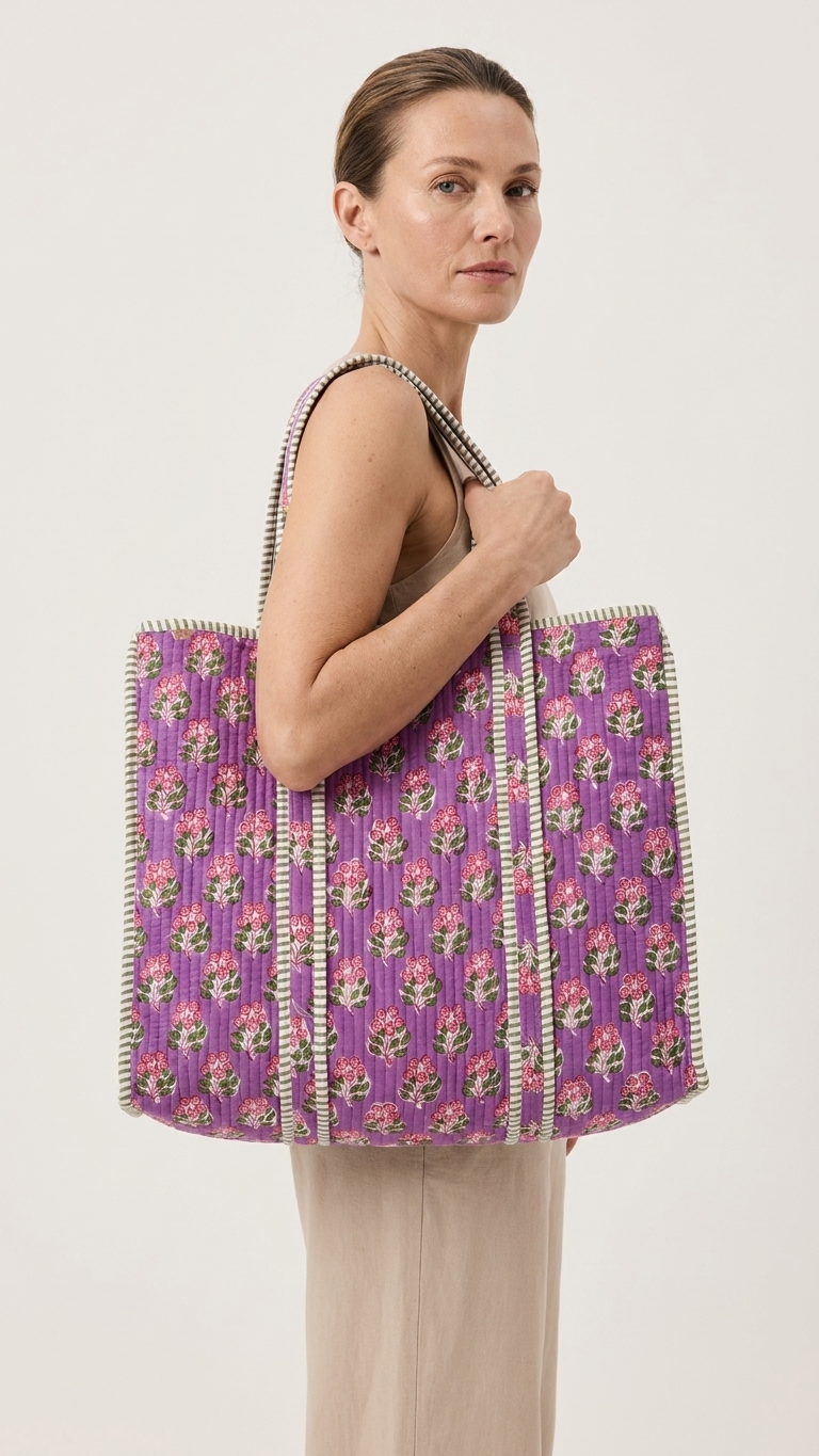 Printed Quilted Cotton Tote Bag - Purple and magrenta base color