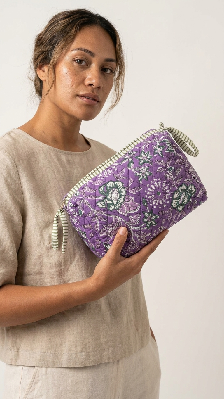 Pouch Set - Violet Floral Block Printed Quilted
