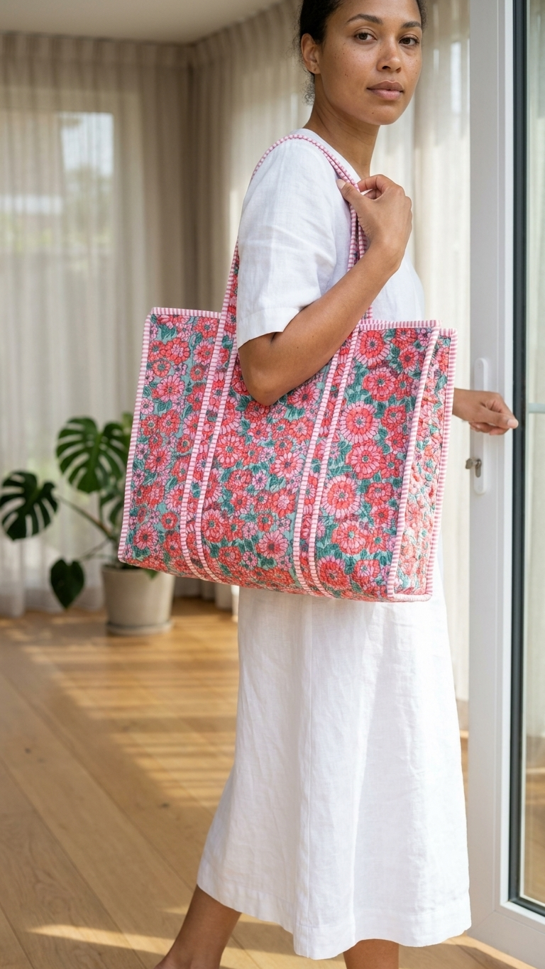 Printed Quilted Cotton Tote Bag – Red & Green