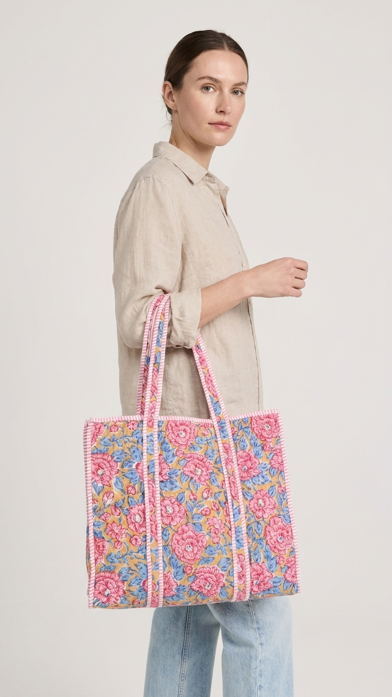 Printed Quilted Cotton Tote Bag – Pink & Blue