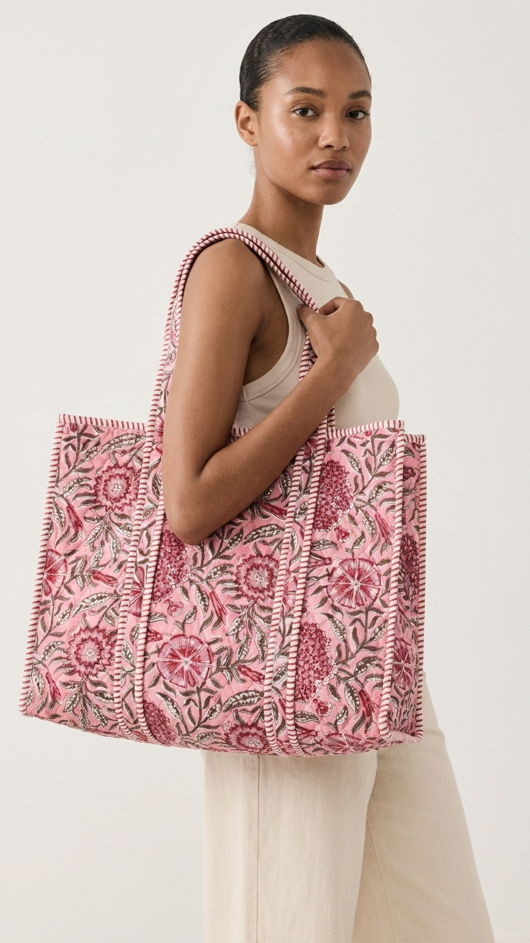 Printed Quilted Cotton Tote Bag – Pink & Red
