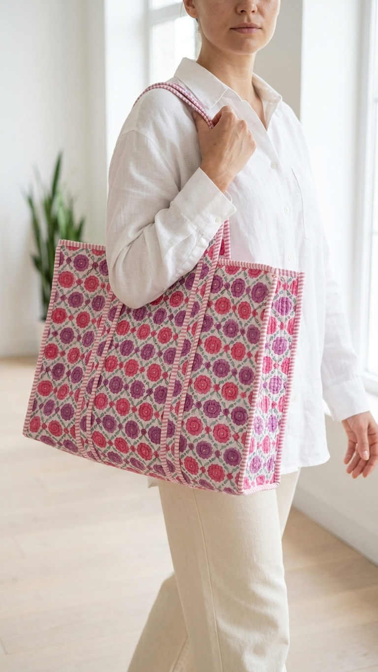 Printed Quilted Cotton Tote Bag – Pink & White