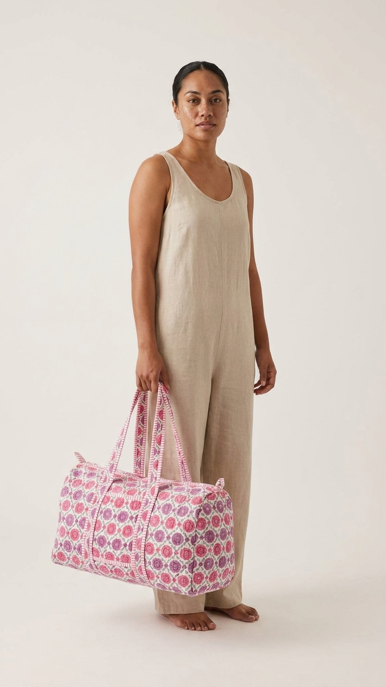 DUFFLE BAG - quilted hand-block print - Purple Floral Hand-Block Printed