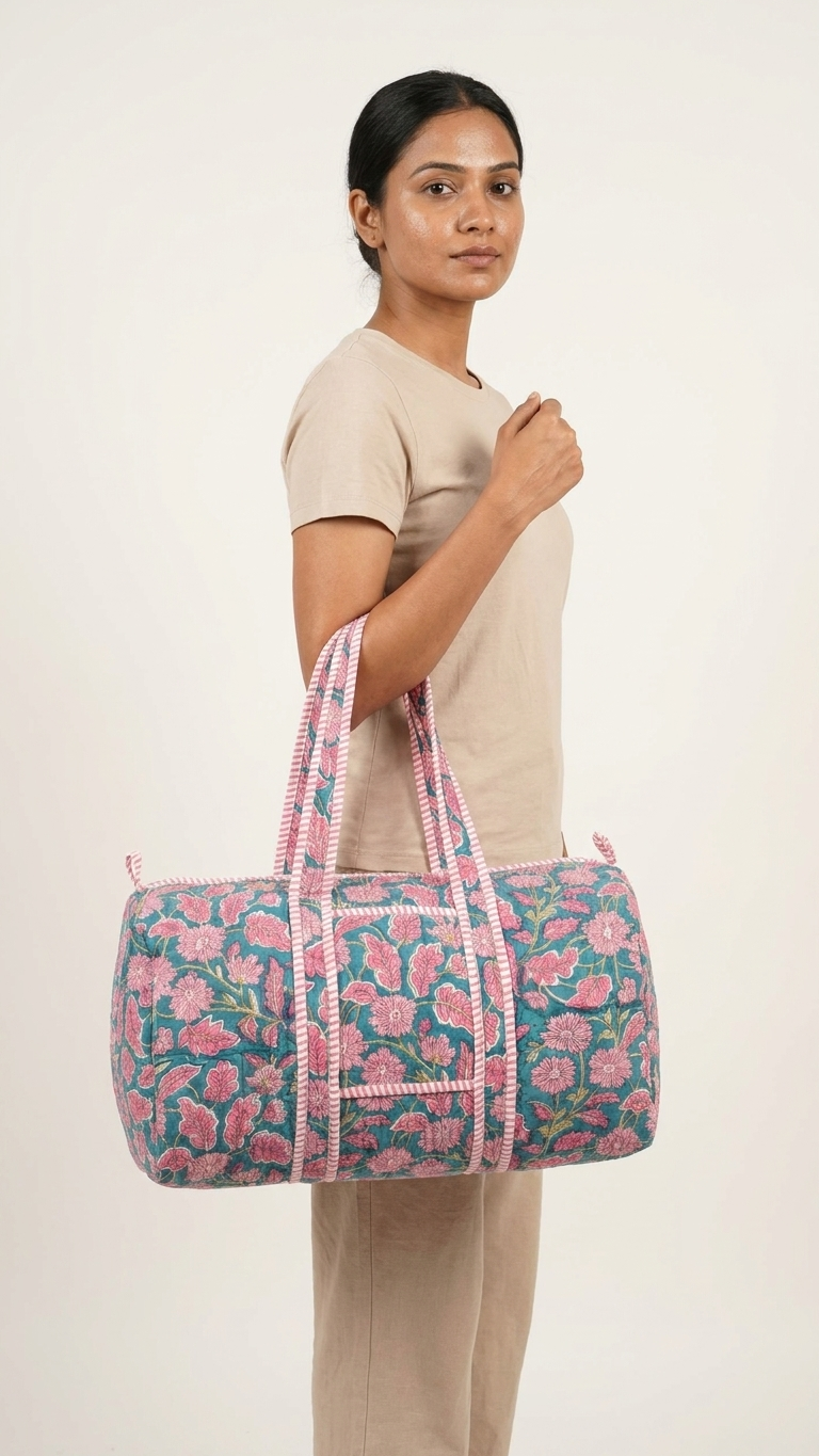 DUFFLE BAG - quilted hand-block print - Vibrant Orange, Olive Green & White Striped