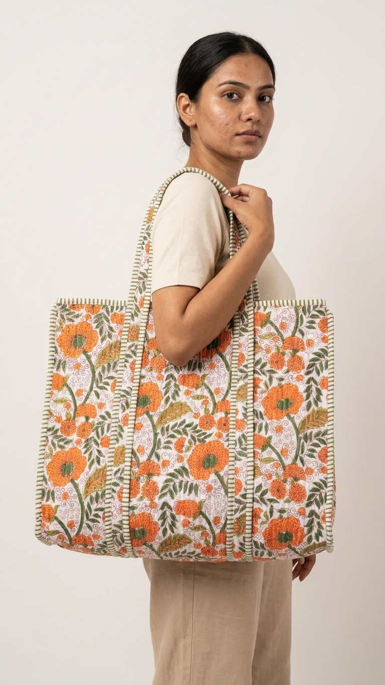 Printed Quilted Cotton Tote Bag – Orange & Green