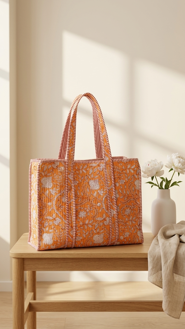 Printed Quilted Cotton Tote Bag – Orange & White