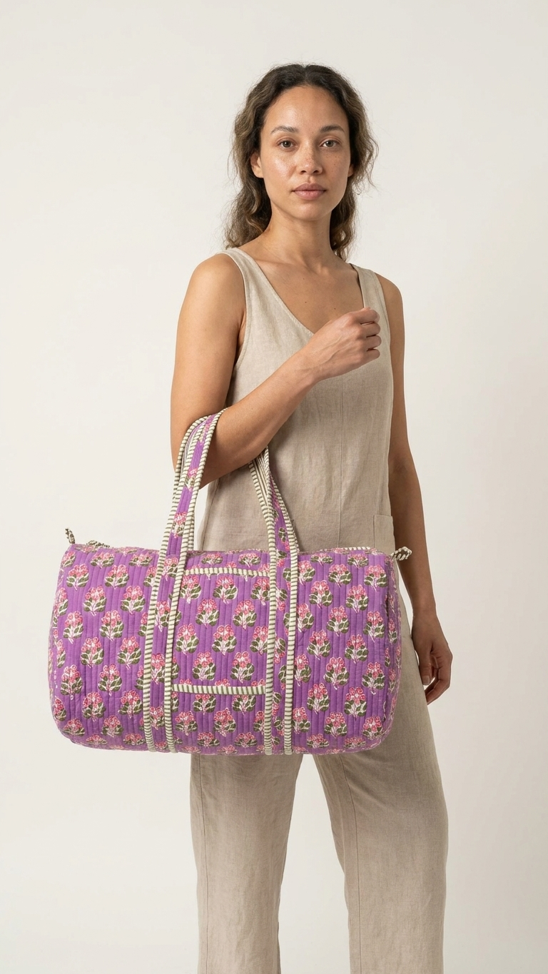 DUFFLE BAG - quilted hand-block print - Purple & Violet Blossom