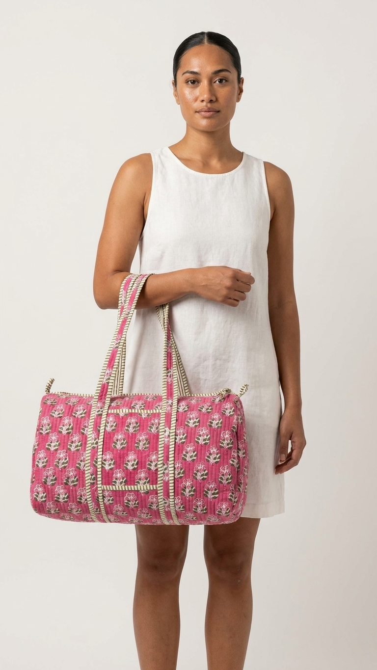 DUFFLE BAG - quilted hand-block print - Pink & White.
