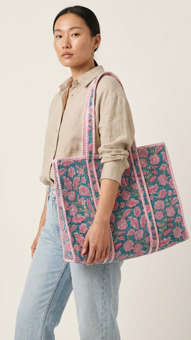 Printed Quilted Cotton Tote Bag - Pink floral pattern, middle blue-green background