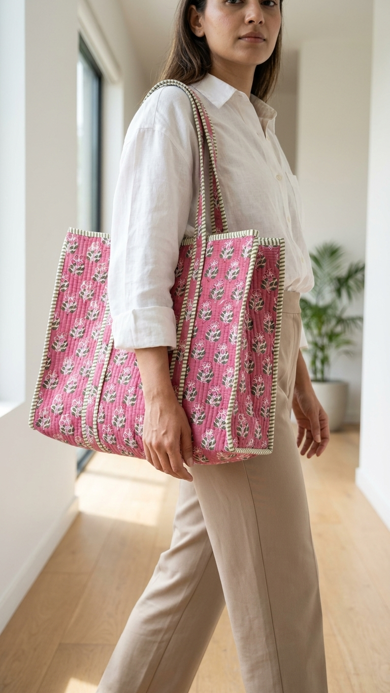 Printed Quilted Cotton Tote Bag – Pink & Blue