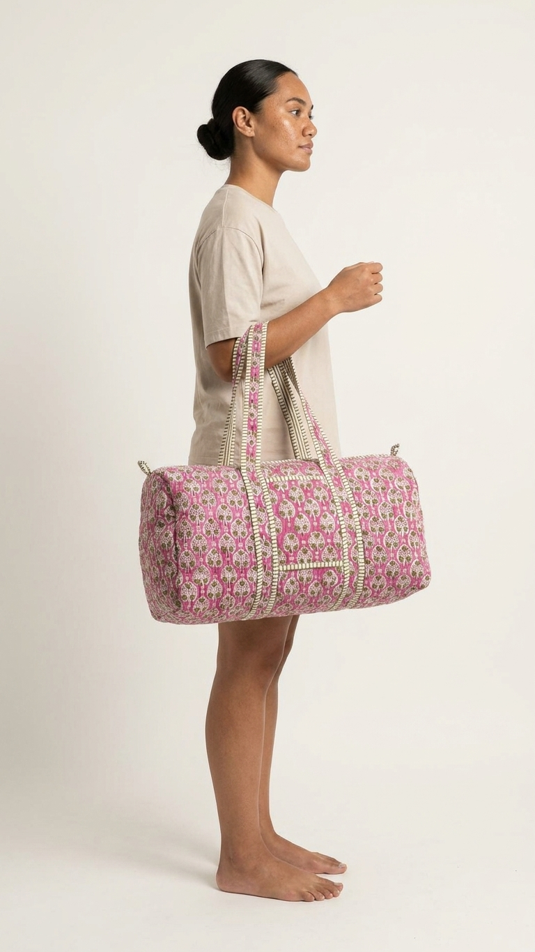 DUFFLE BAG - quilted hand-block print - pink and olive green