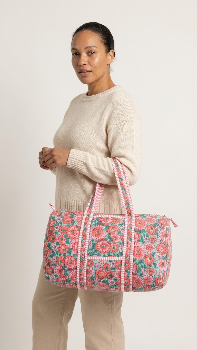 DUFFLE BAG - quilted hand-block print - Pink Floral