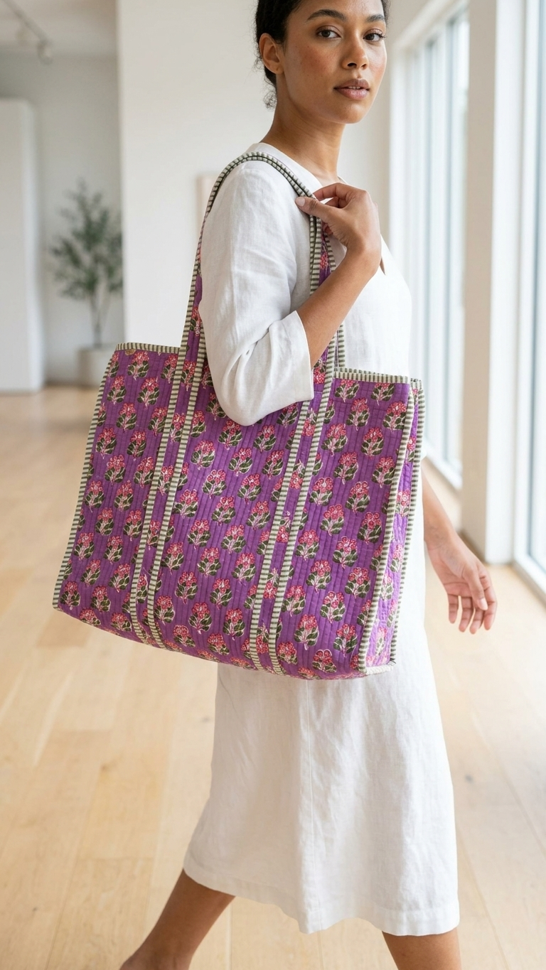 Printed Quilted Cotton Tote Bag - Purple and magrenta base color