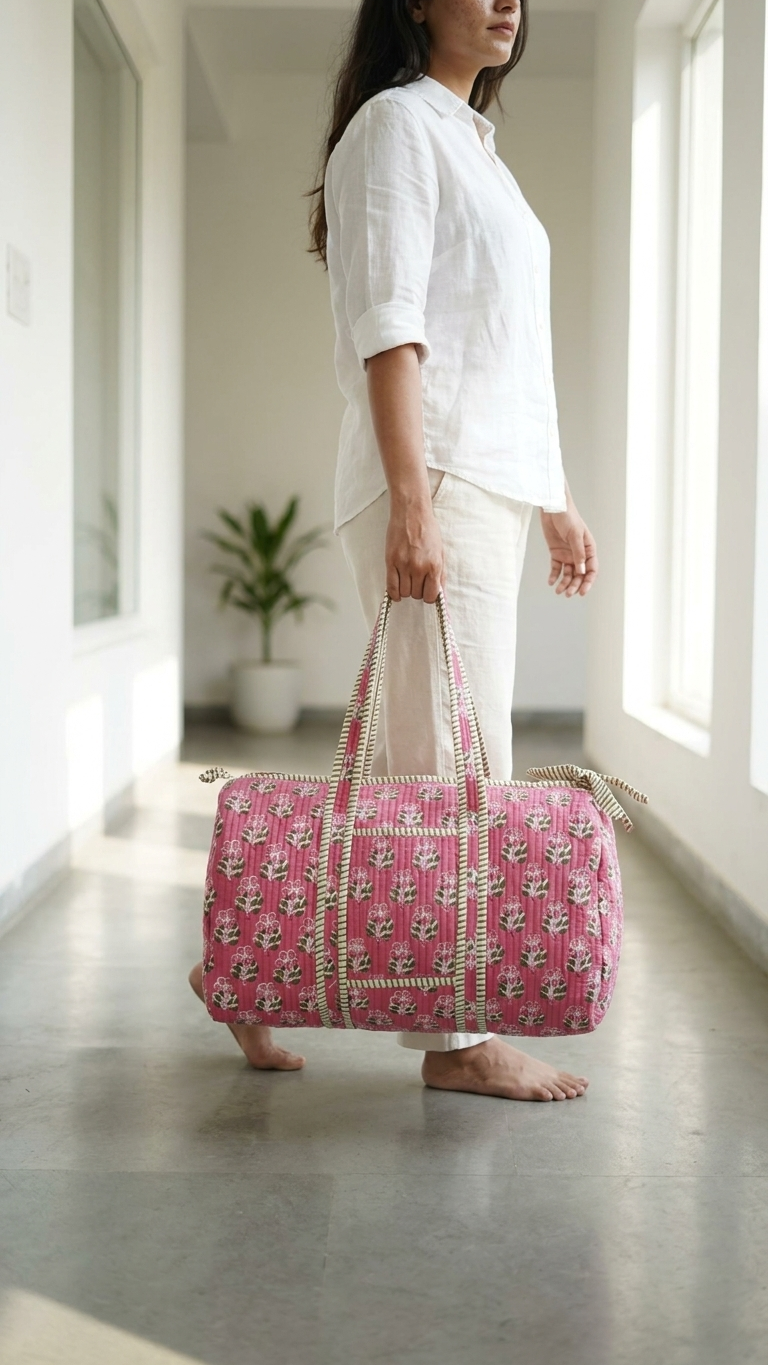 DUFFLE BAG - quilted hand-block print - Pink & White.