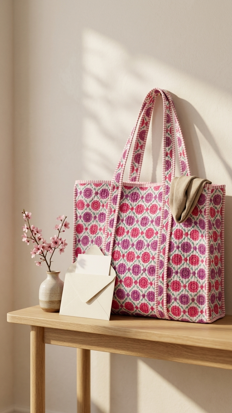 Printed Quilted Cotton Tote Bag – Pink & White