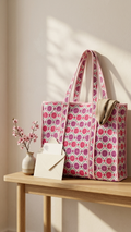 Printed Quilted Cotton Tote Bag – Pink & White