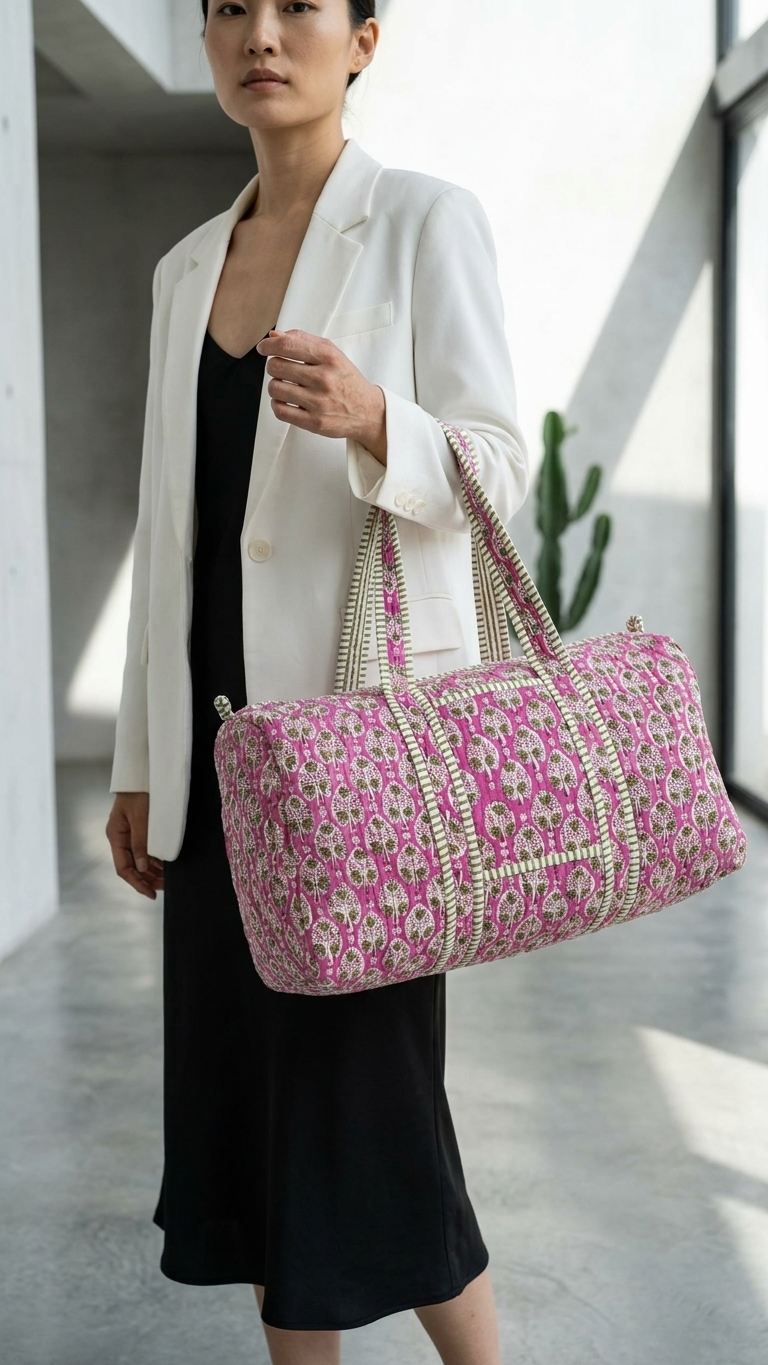 DUFFLE BAG - quilted hand-block print - pink and olive green