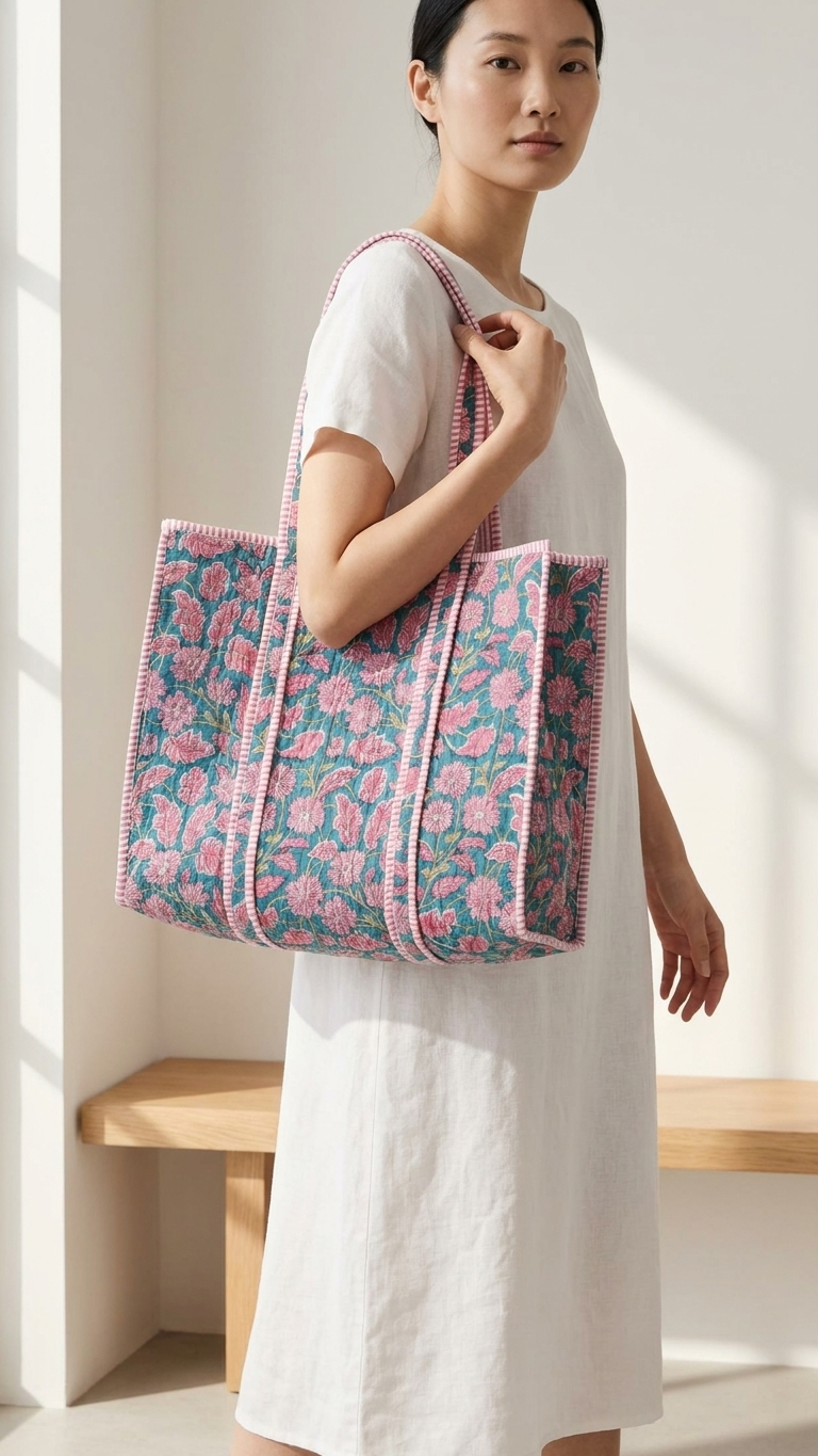 Printed Quilted Cotton Tote Bag - Pink floral pattern, middle blue-green background