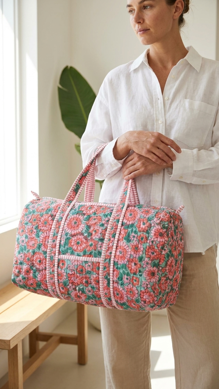 DUFFLE BAG - quilted hand-block print - Pink Floral