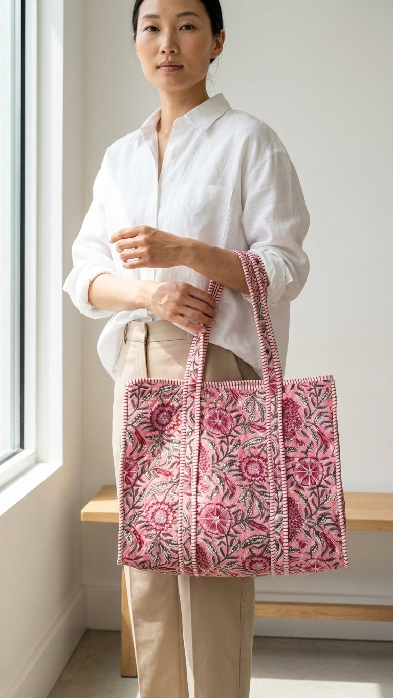 Printed Quilted Cotton Tote Bag – Pink & Red