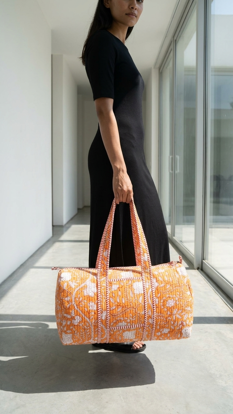 DUFFLE BAG - Quilted cotton - orange, floral-patterned