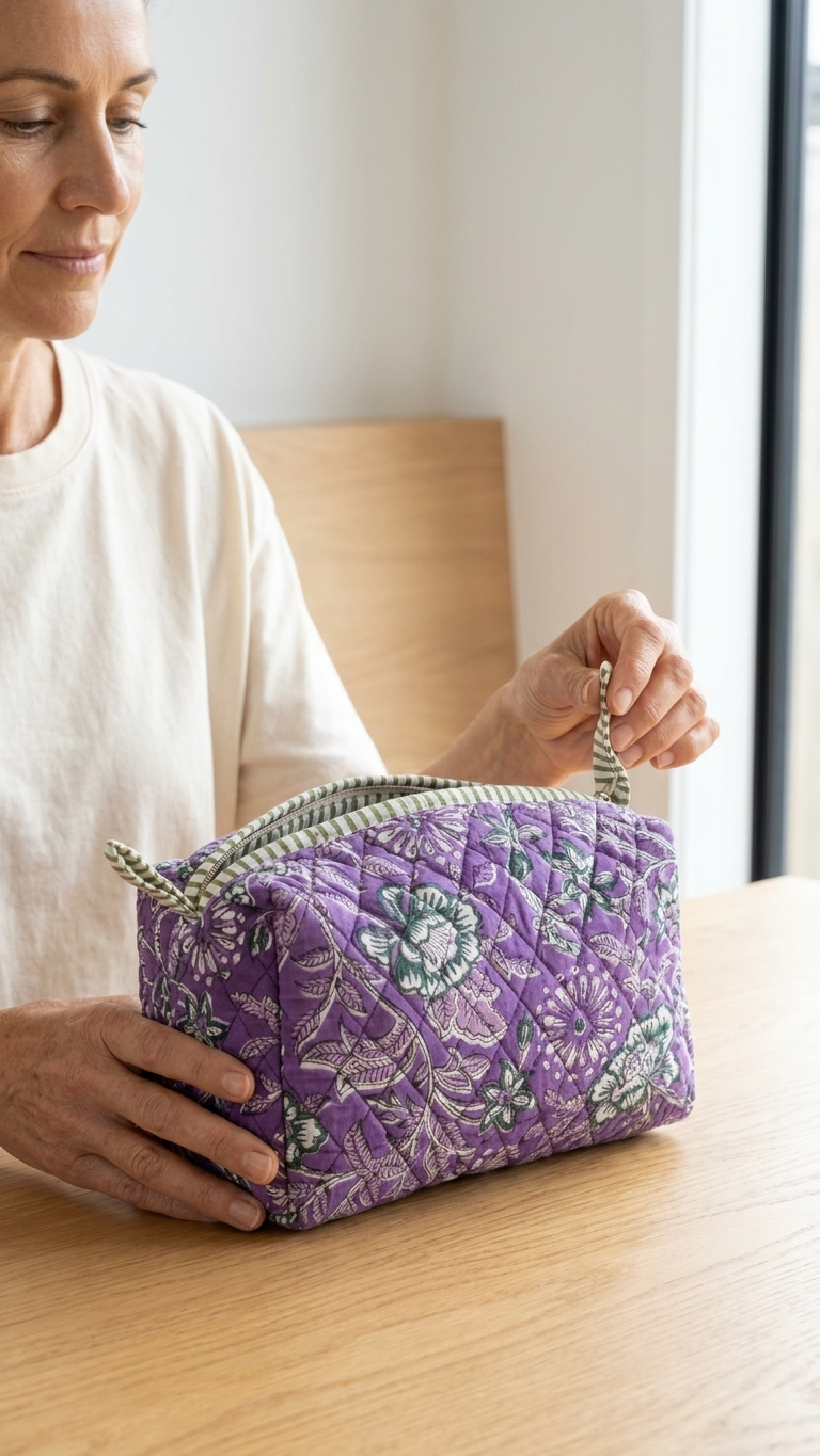 Pouch Set - Violet Floral Block Printed Quilted