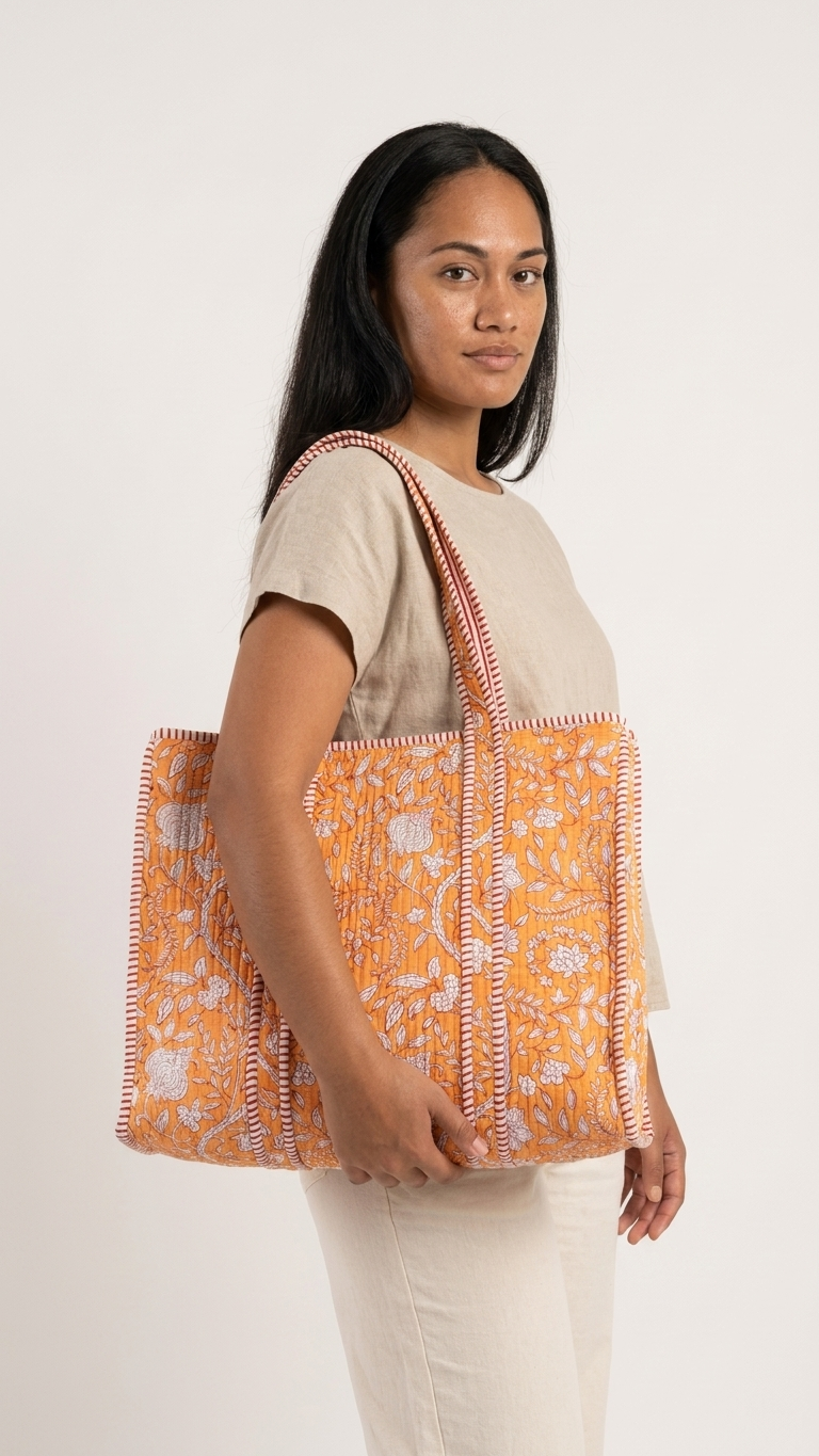 Printed Quilted Cotton Tote Bag – Orange & White