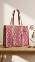 Printed Quilted Cotton Tote Bag – Pink & Blue